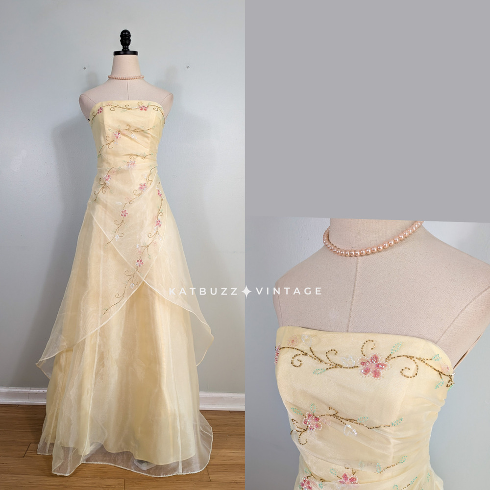 Vintage Prom Dress Maxi Gown XS Yellow Fairy Princess Belle Y2K Strapless Floral
